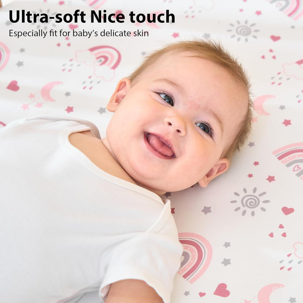 Skiennix Baby Crib Sheets - Super Soft Microfiber Fitted Toddler Bed Sheets | 3 Pack, Pink Rainbow, 52”x28”