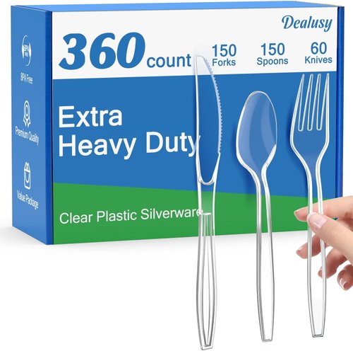 Dealusy 360 Count Heavy-Duty Clear Plastic Silverware Set - 150 Forks, 150 Spoons, 60 Knives | BPA-Free & Heat Resistant