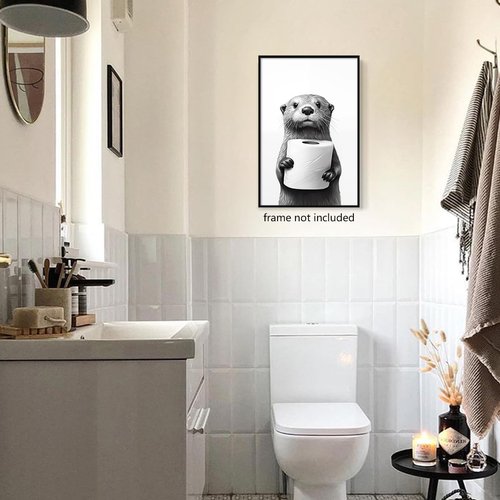 Funny Bathroom Wall Art | Cute Otter Holding Toilet Paper | 16x24in Unframed Canvas Decor