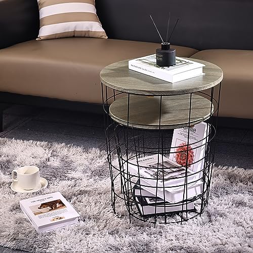 Nesting Side Table Set of 2 with Wire Basket Base and Wood Top