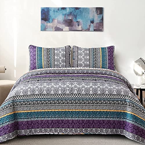 Boho Quilt Set Queen Size - 3 Piece Purple Floral Bedding