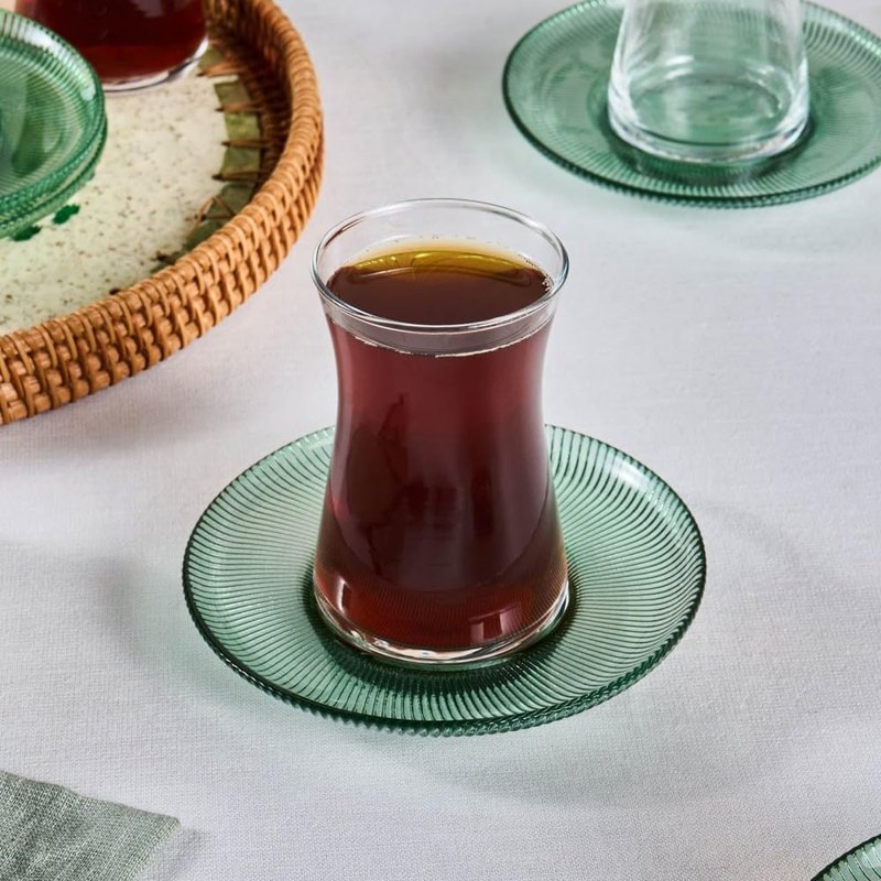 KARACA Juliet Turkish Tea Cups Set of 12, 170ml/5.74oz Turkish Tea Glasses with Green Detail Saucers for 6 People, Ideal Glass Set for Mother's Day and Housewarming