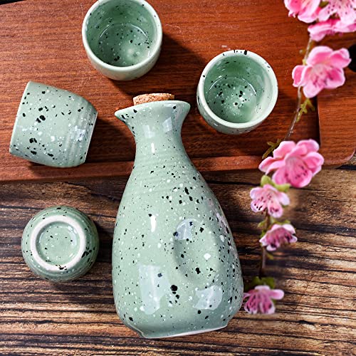 Large Cyan Ceramic Sake Set with Cork Stopper - Moss Green Speckled Drinkingware