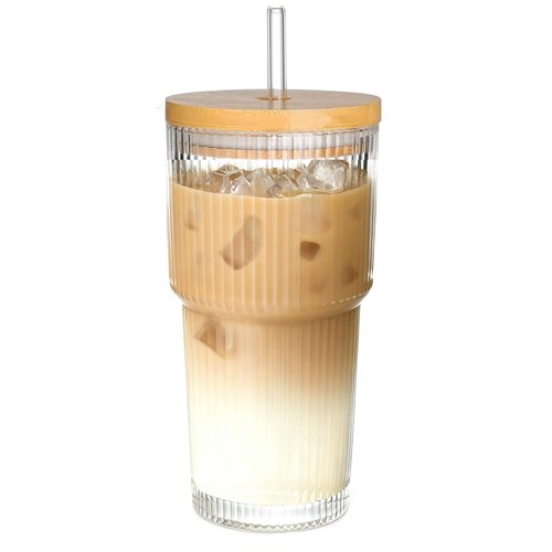 AFINSEA 20oz Ribbed Glass Coffee Cups with Lids and Straw,1PCS Glass Cups with Lid Vintage Iced Coffee Cups Glassware for Whiskey Cocktail Beer