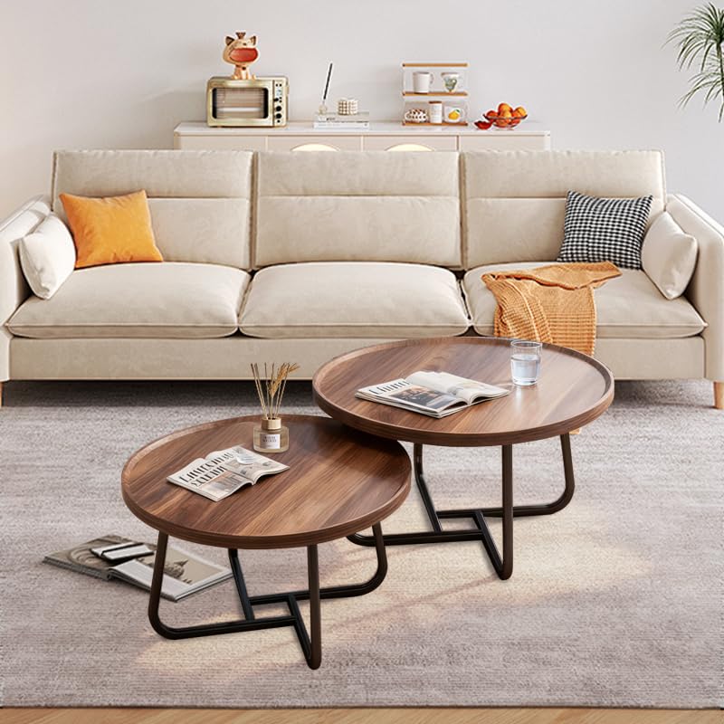 Round Nesting Coffee Table Set of 2, Walnut Wood Mid-Century Modern