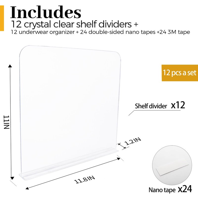 ROUFA Clear Shelf Dividers, Acrylic Closet Dividers Fit for Any Thickness of Shelves, 12pcs Multi-Purpose Wood Shelf Separators for Bedroom, Kitchen, Office, Bathroom, 11.8''x11''
