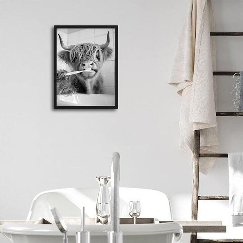 Highland Cow | Framed Funny Bathroom Wall Art - Black and White Modern Farmhouse Decor | 12x16in
