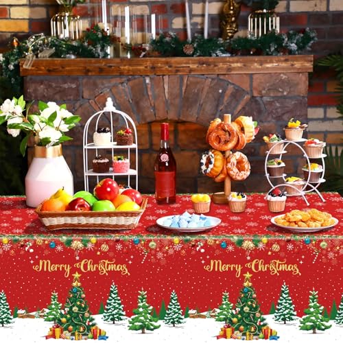 Tiamon 3-Piece Christmas Tablecloth Set Rectangular 137x274 cm, Disposable Red Xmas Covers