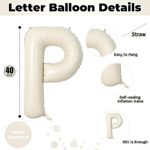 Giant Alphabet P Foil Balloon - 40 Inch Cream Ivory White Mylar Letter for Birthday & Baby Shower Decor