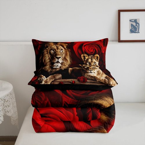 Feelyou Lion Comforter Set Queen Size Kids Red Rose Floral Comforter for Boys Girls Teens 3D Wild Animal Pattern Bedding Set Romantic Flower Duvet Set Valentine's Day Quilt