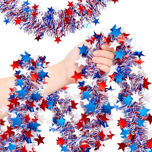 50ft Patriotic Tinsel Garland - Red White & Blue Metallic Star Decor