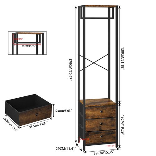 YMYNY Garment Rack, Clothes Rack with Drawers, Freestanding Tall Closet Organizer with 3 Fabric Drawers, Clothes Stand for Hanging Shirts, Coat,15.35" L×11.41" W×70.47" H, Rustic Brown UHGR001H