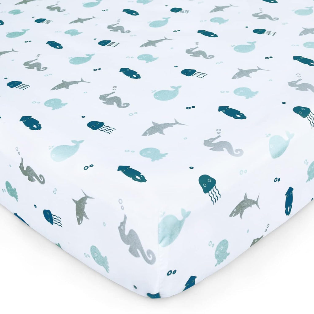 Skiennix Crib Sheets - Soft & Breathable Fitted 2-Pack for Standard Crib & Toddler Mattress | Dinosaurs & Ocean Design, 52'' x 28''