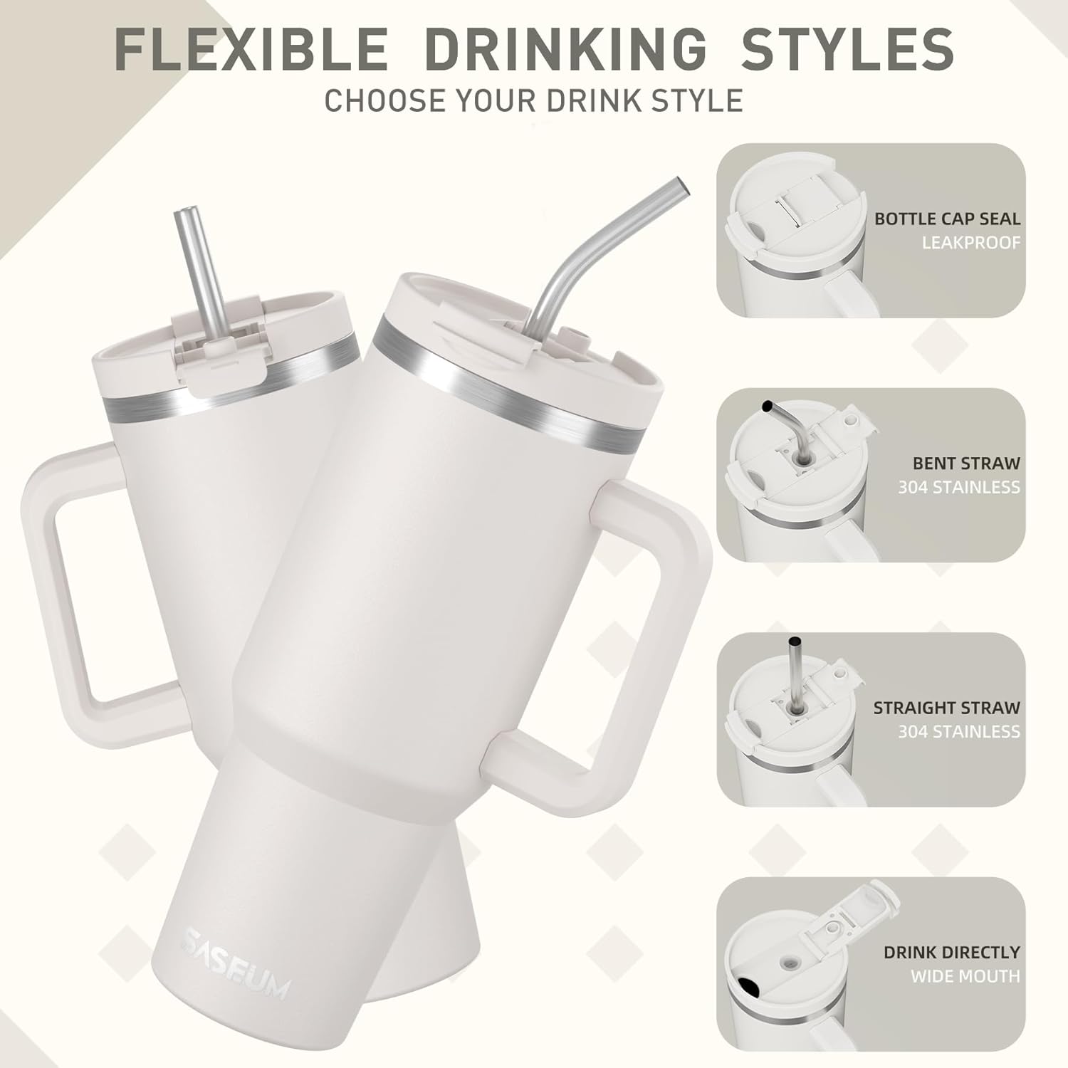 SASEUM 40 oz Stainless Steel Tumbler - Double Wall Insulated Water Bottle with Handle & Lid | White