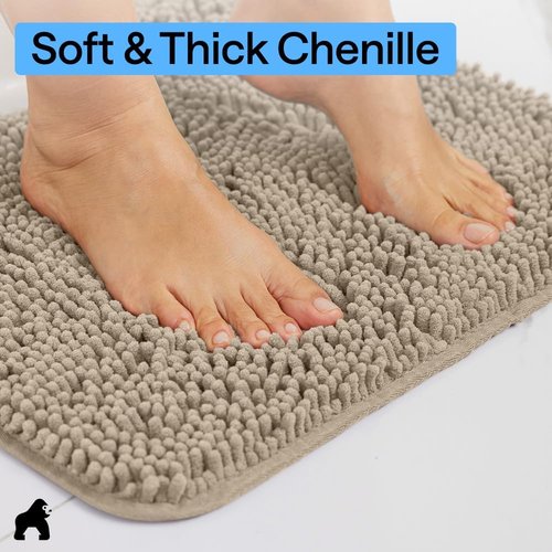 GORILLA GRIP Bath Rug Mat - Thick Absorbent Chenille | Quick-Dry Microfiber, 70x24, Gray Beige