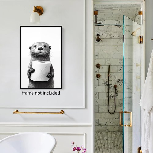 Funny Bathroom Wall Art | Cute Otter Holding Toilet Paper | 16x24in Unframed Canvas Decor