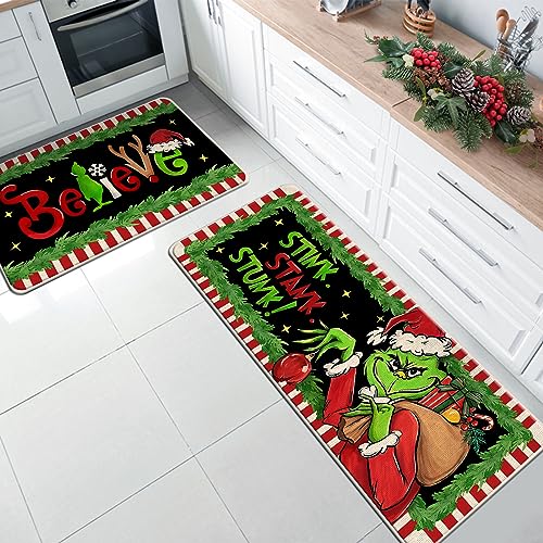 Green Believe Christmas Kitchen Rugs Set of 2 - Non-Slip Holiday Doormats