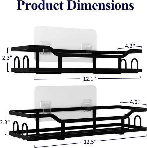 Kitsure Shower Caddy - Wall Mounted Organizer with 8 Hooks | Rustproof Stainless Steel, 2 Pack, Black