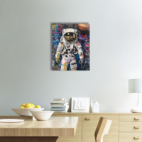 Ypxzzj Banksy Framed Graffiti Astronaut Canvas Wall Art Spaceman Posters Prints Pictures Wall Decor Modern Abstract Street Graffiti Painting Artwork for Living Room Home Decor Ready to Hang(36L" x 24W")