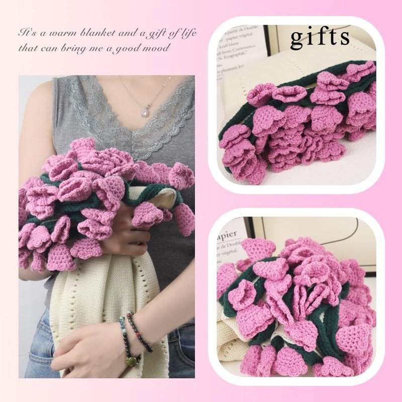 PHQMPSGYOK Crochet Flower Bouquet Blanket Pink Blanket Teacher Mom Graduation Birthday Gifts for Women Flower Bouquet rocheted Pink Blankets Throw Blankets Valentine's Day Gifts 43 Inches