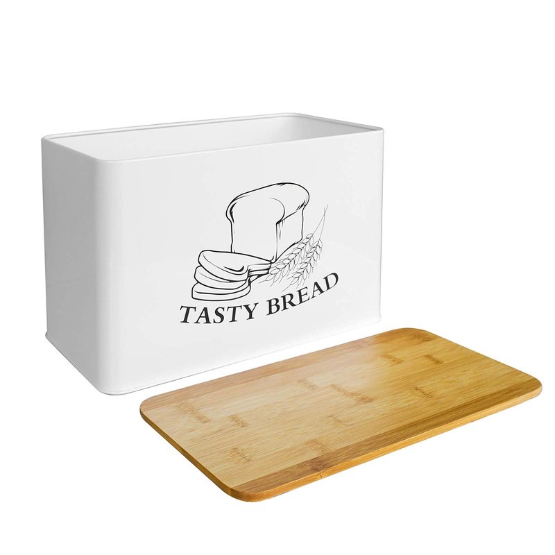 SOTECH Bread Box with 3pcs Jars Coffee Sugar Tea for Kitchen Countertop White Metal Bread Box with Bamboo Board Cover Pastry Storage Container Set Kitchen decor (NO Handle White Box)