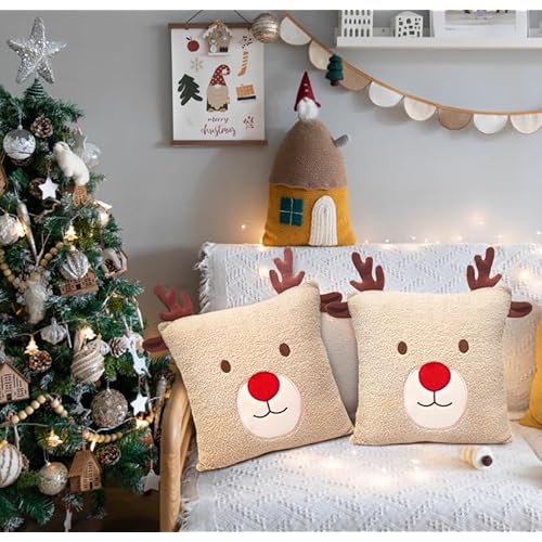 BirdNest Reindeer Christmas Throw Pillow Covers 18x18 inch Set of 2 Christmas Decoration Throw Pillows 3D Embroidery Deer Pillowcases Xmas Decorations for Sofa Couch (Khaki)