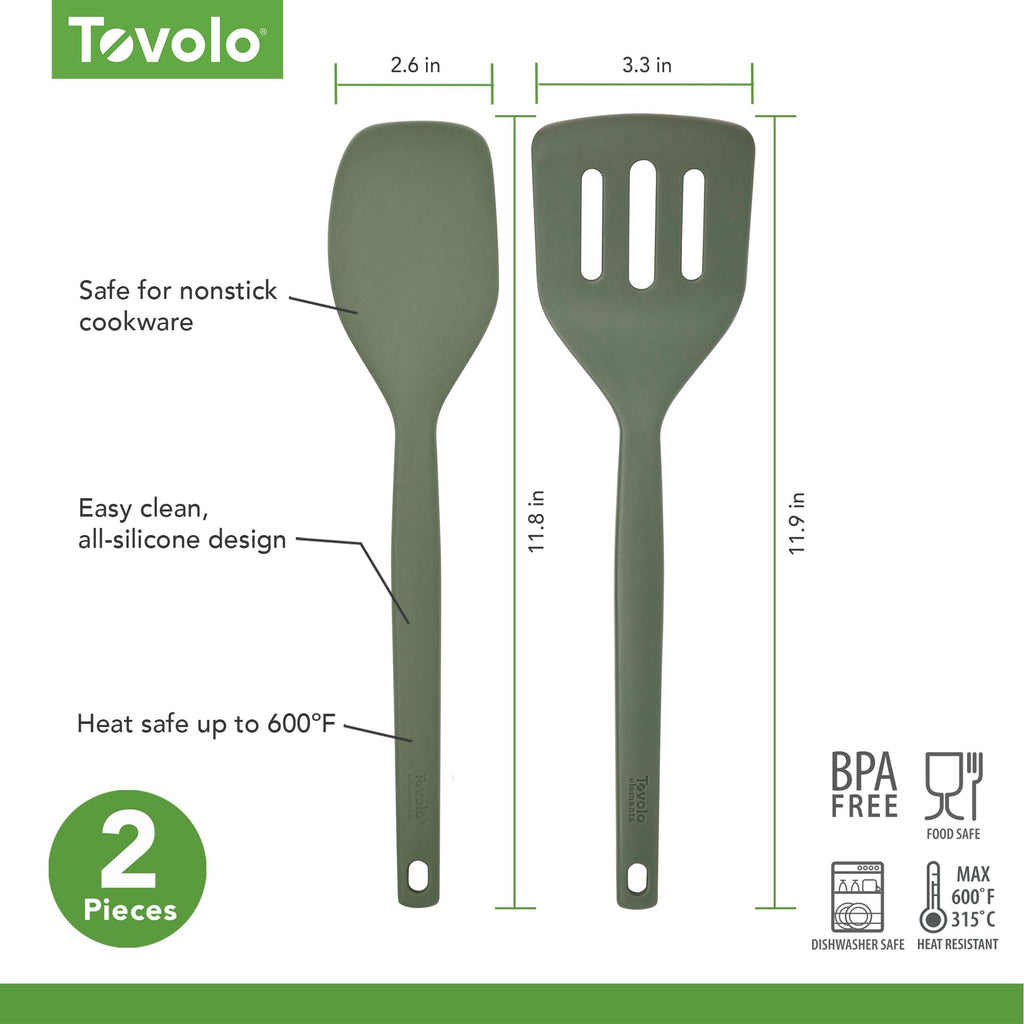 Tovolo Elements Silicone Spatula Turner Set Kitchen Utensils Heat Resistant 600F Easy Clean Dishwasher Safe Nonstick Spatula Turner Bundle Cookware for Cooking Baking Mixing Tools, Thyme Green