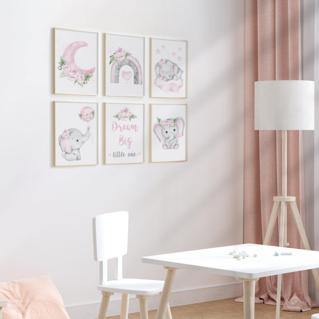 Canssape Pink Elephant Nursery Wall Decor Set of 6 Baby Girl Room Decor Elephant Wall Art Goodnight On Moon |Dream Big Little One Decoration for Kids Nursery Girls Room|(8"x10")(Unframed)