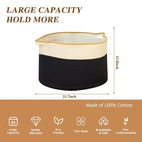 Casaphoria Blanket and Laundry Basket, Woven Storage Hamper, 21.7 * 21.7 * 13.8in Cotton Rope Clothes Organizer (White & Navy Blue)