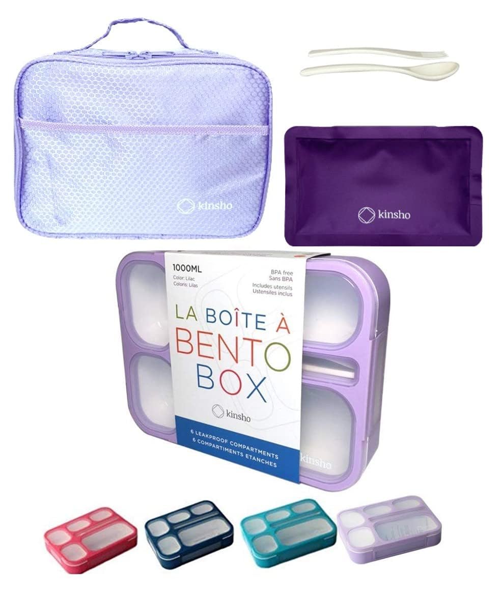 Bento Box with Bag and Ice Pack Set for Kids. Lunch Boxes Snack Containers for Boys Girls Adults. 6 Compartments, Leak-proof Portion Container Boxes Insulated Bags for School Lunches, BPA Free, Purple
