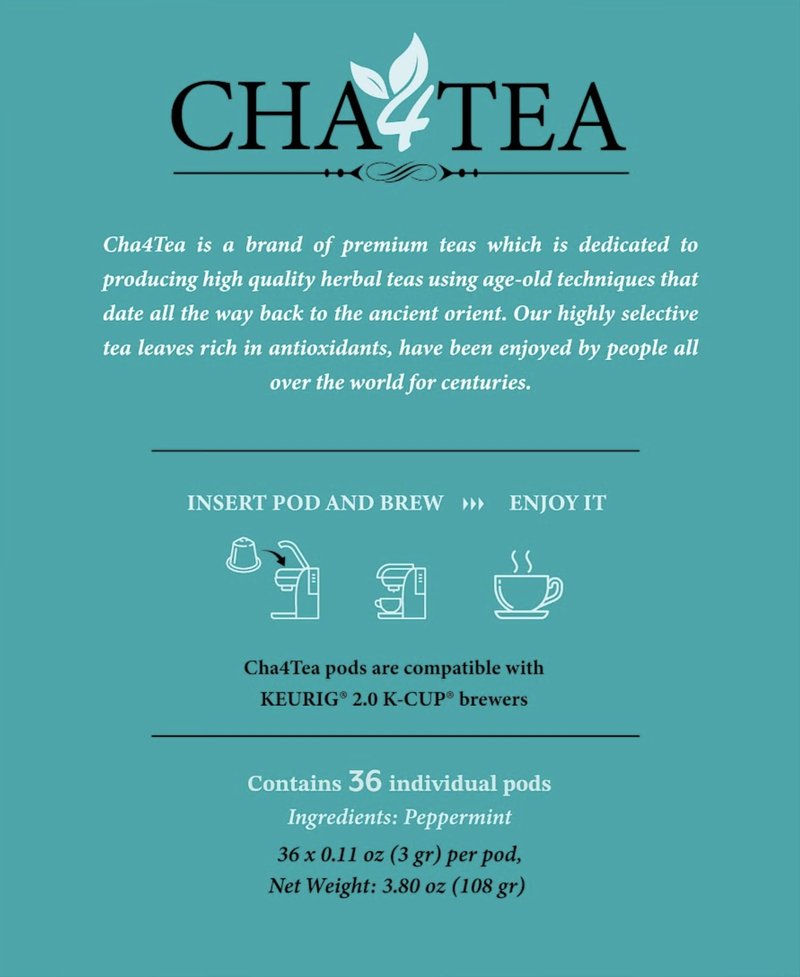 Cha4TEA 36-Count Peppermint Herbal Tea Pods Compatible with Keurig Brewers