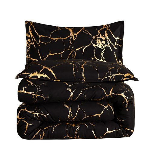 Holawakaka Gold Metallic Marble Comforter Set King Size Foil Print Glitter Bedding Sets,Black/Gold,King
