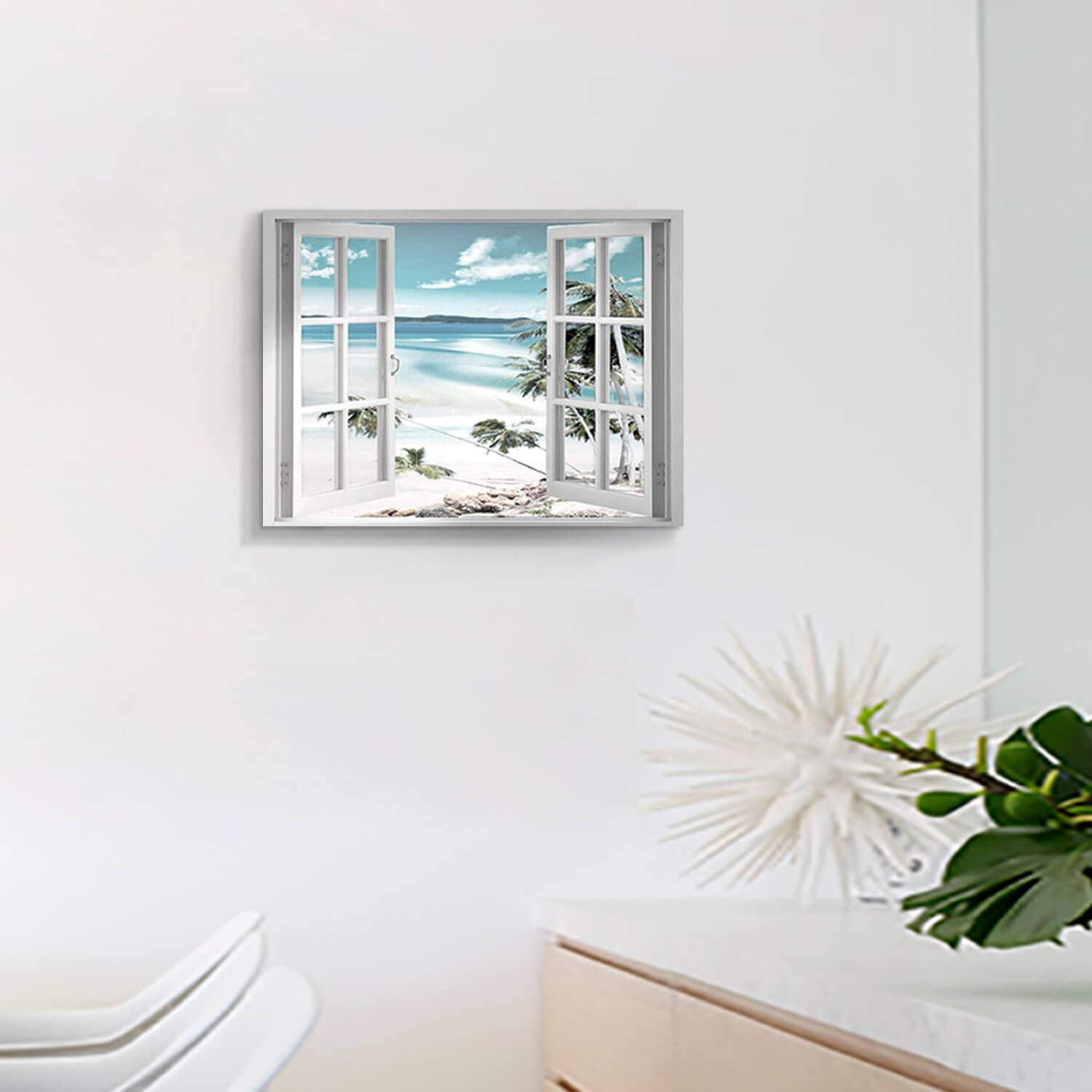 Hardy Gallery Open Windows Canvas Wall Art: Beach with Coastal Palm Graphic Artwork Print on Wrapped Canvas for Wall Decor(24''x18'')