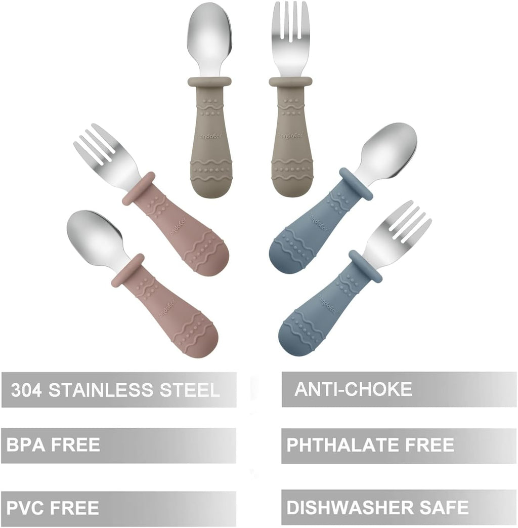 PandaEar Toddler Utensils - 6 Pack Kids Spoons & Forks | 18/8 Stainless Steel & Silicone Set (Blue/Brown/Red)