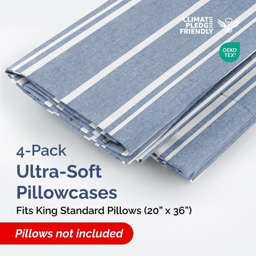 King Standard Pillow Cases by King - Soft Hotel Quality Covers | Comfy Bedding for All Ages - 4 Piece Set in Blue Stripes