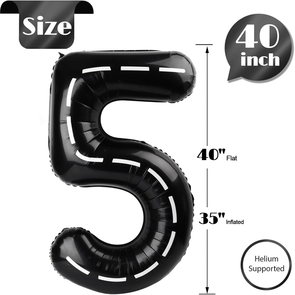 Race Car 5 Balloon | 40-Inch Black Number 5 Birthday Balloon Decorations for Parties