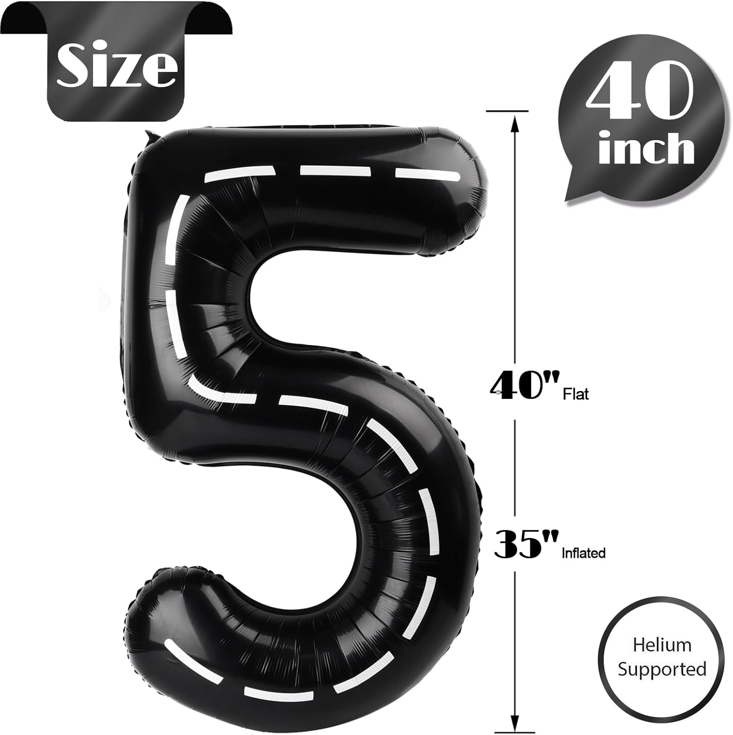 Race Car 5 Balloon | 40-Inch Black Number 5 Birthday Balloon Decorations for Parties