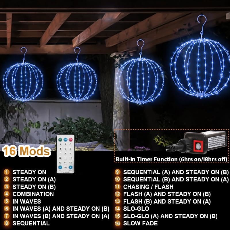 LAMPHOME 2-Pack 12in Blue Foldable Metal Sphere Christmas Lights with 16 Modes & Timer