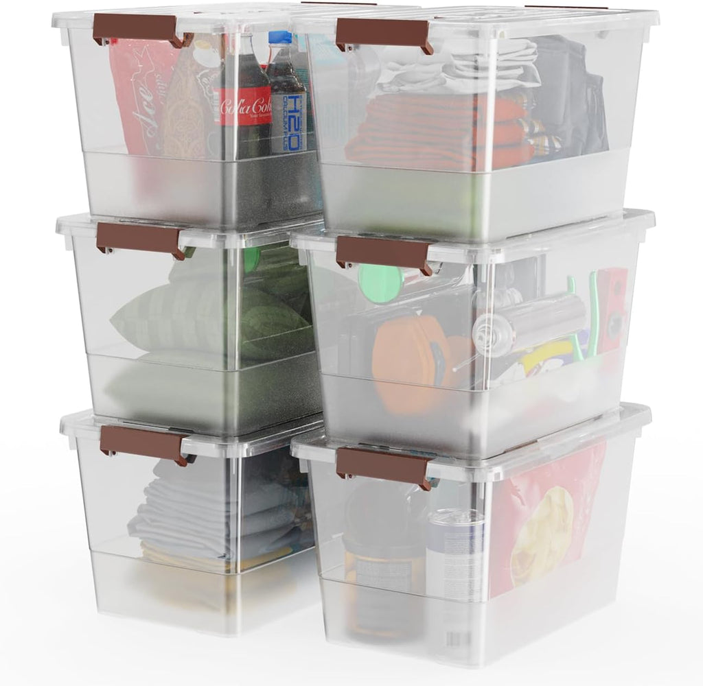WYT 32 Qt Clear Plastic Storage Bins - Durable Lids & Latching Buckle | 6-Pack Stackable Organizers