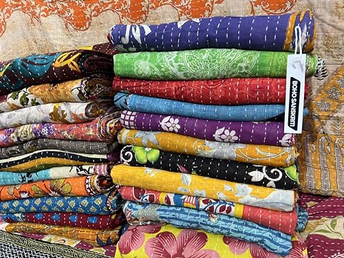 Kantha Quilted Cotton Blanket - Vintage Reversible Bedspread, 85x55 Inches