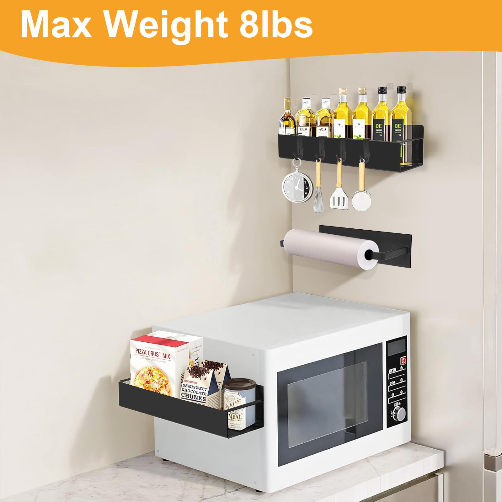 SUNHEARTH 4 Pack Magnetic Spice Rack for Refrigerator,Metal Magnetic Shelf Black with Paper Towel Holder,Whiteboard,3 Markers,4 Hooks,Space Saving for Home,Kitchen