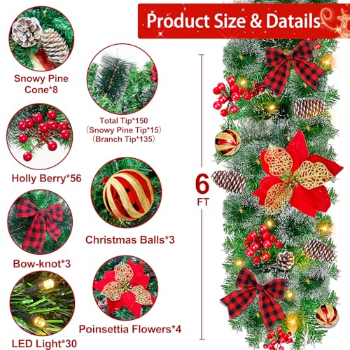 6 Ft Christmas Garland with Lights Battery Operated Prelit Decor Indoor Outdoor