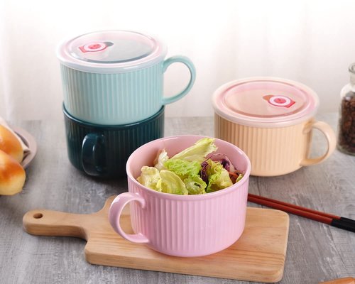 WHJY 30oz Ceramic Bowl with Lid and Handle for Soup and Instant Noodles Soup Mug, Modern Simple Style, with Heat Preservation Handle - Dark green
