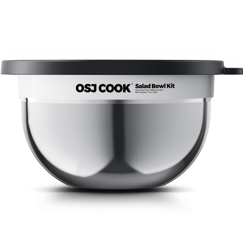 18/8 Stainless Steel Salad Bowl Kit - 74oz, Mixing Bowls with Lids Set, Teakwood - Comes with 1.7oz Condiment Container and Removable Tray for Organization - Leak-Proof, Dishwasher Safe (Mirror)