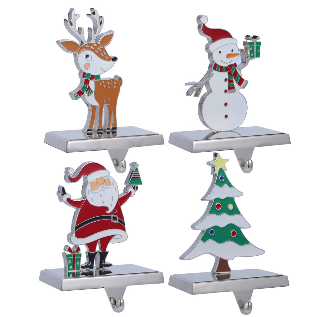 Set of 4 Christmas Stocking Hangers for Mantel，Christmas Tree Reindeer Santa Snowman Stocking Holders for Fireplace-Stocking Hangers for Mantel Xmas Tree Mantel Hooks Hanger (Multi-color 4-Pack)