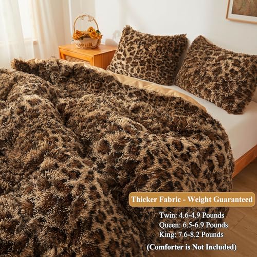 Fluffy Faux Fur Duvet Cover Set - Queen Soft Shaggy Leopard Print Bedding