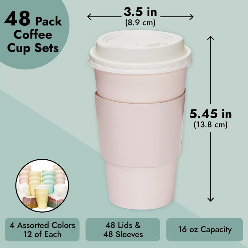 Sparkle and Bash Disposable Coffee Cups with Lids - 16 Oz, 48 Pack, Compostable Pastel Colors - Insulated Hot Paper Cups with Lids & Disposable Coffee Sleeves
