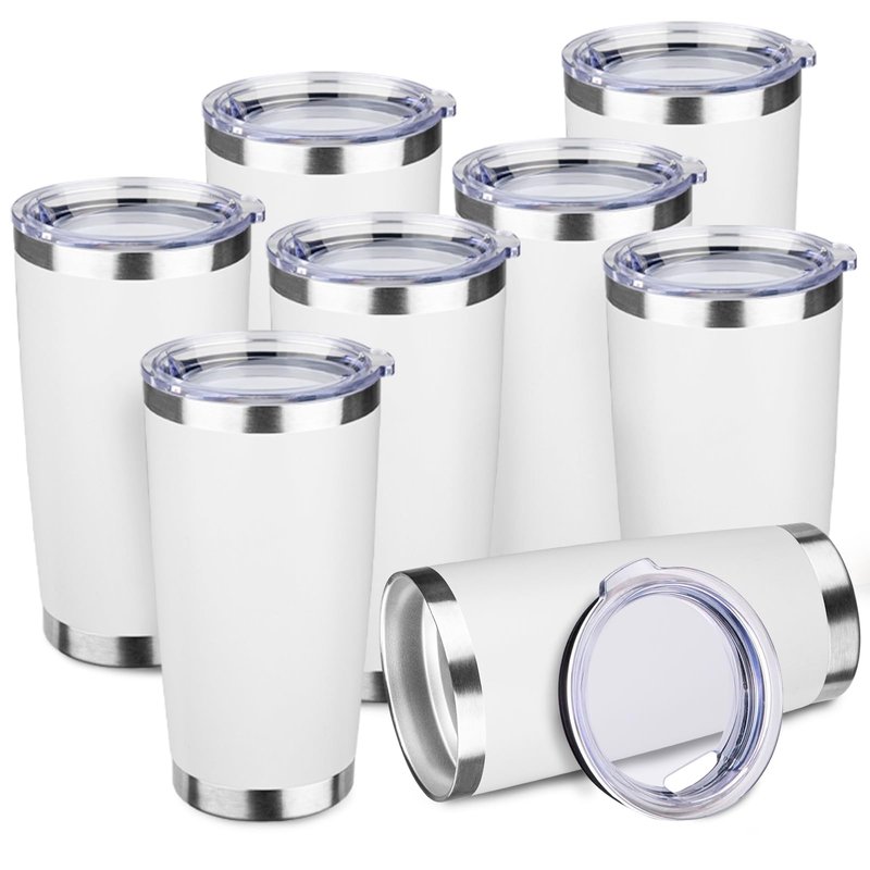 StarSpeed 20oz Tumbler Bulk with Lid, Stainless Steel Insulated Tumblers Double Wall Vacuum Insulated Travel Mug, Powder Coated Coffee Cups for Hot and Cold Drinks(White,8)