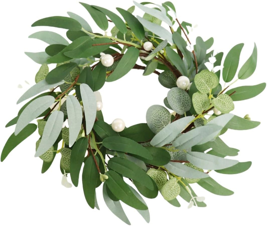 Skiennix 4-Inch Greenery Candle Rings - Artificial Eucalyptus Wreaths with Pearl Berries for Home Decor | 2 Pack