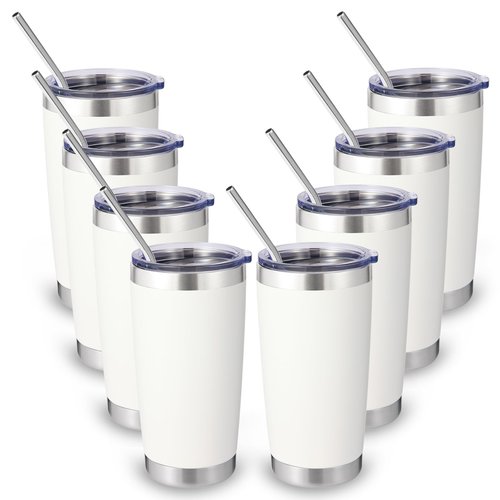 Volhoply 20oz Stainless Steel Tumbler with Lid and Straw Bulk 8 Pack,Double Wall Insulated Travel Iced Coffee Mug Fits Cup holder,Powder Coated Cups for Hot/Cold Drinks,Gifts for Women（White,8 Set）